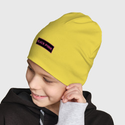 Шапка с принтом Логотип Блек Пинк для ребенка, вид на модели спереди №3. Цвет основы: желтый
