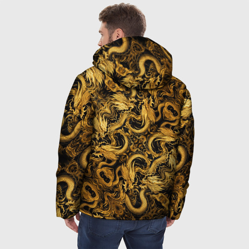 Мужская зимняя куртка 3D с принтом Золотые китайские драконы, вид сзади #2