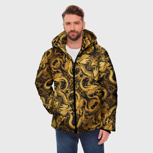 Мужская зимняя куртка 3D с принтом Золотые китайские драконы, фото на моделе #1