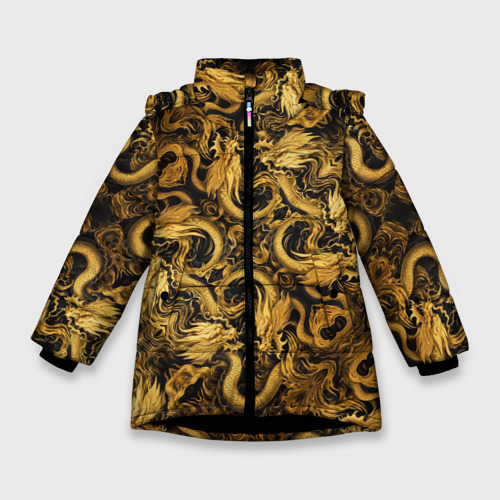 Зимняя куртка для девочек 3D с принтом Золотые китайские драконы, вид спереди #2