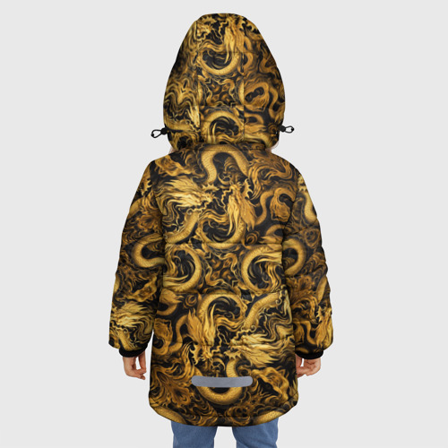 Зимняя куртка для девочек 3D с принтом Золотые китайские драконы, вид сзади #2