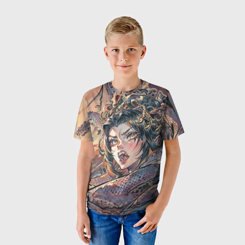 Детская футболка 3D с принтом Женщина со змеей монстром, фото на моделе #1