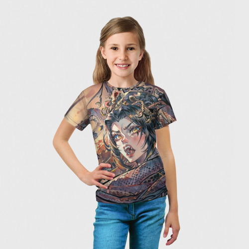 Детская футболка 3D с принтом Женщина со змеей монстром, вид сбоку #3