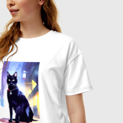 Женская футболка хлопок Oversize Чёрная кошечка - акварель - фото 2
