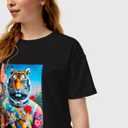 Женская футболка хлопок Oversize Тигрица - космонавт с тигрятами - нейросеть - фото 2