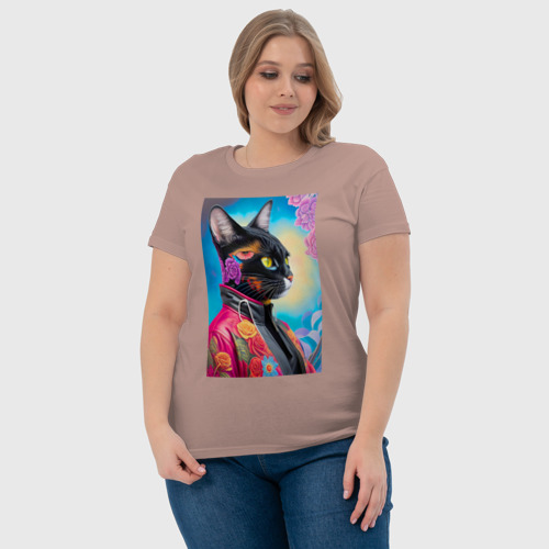 Женская футболка хлопок с принтом Кисуля в модной куртке - нейросеть, фото #4