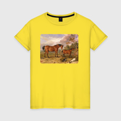 Женская футболка хлопок Две лошади и две собаки