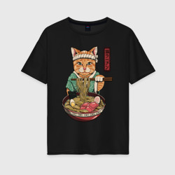 Женская футболка хлопок Oversize Cat eat ramen