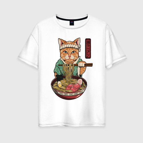 Женская футболка из хлопка оверсайз с принтом Cat eat ramen, вид спереди №1