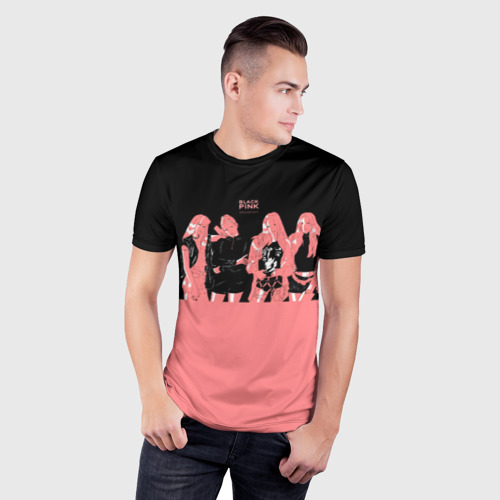 Мужская футболка 3D Slim с принтом BLACK PINK на черно-розовом, фото на моделе #1