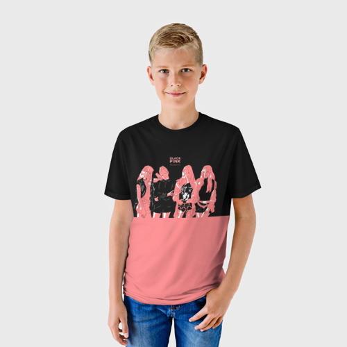 Детская футболка 3D с принтом BLACK PINK на черно-розовом, фото на моделе #1