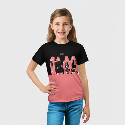 Детская футболка 3D с принтом BLACK PINK на черно-розовом, вид сбоку #3
