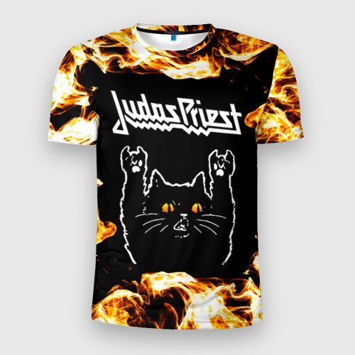 Мужская футболка 3D Slim Judas Priest рок кот и огонь, цвет 3D печать