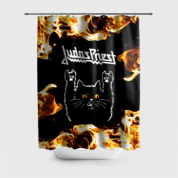 Штора 3D для ванной Judas Priest рок кот и огонь
