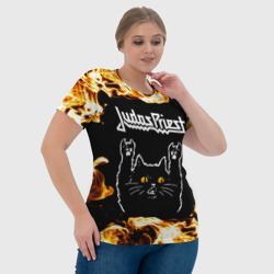 Футболка с принтом Judas Priest рок кот и огонь для женщины, вид на модели спереди №4. Цвет основы: белый
