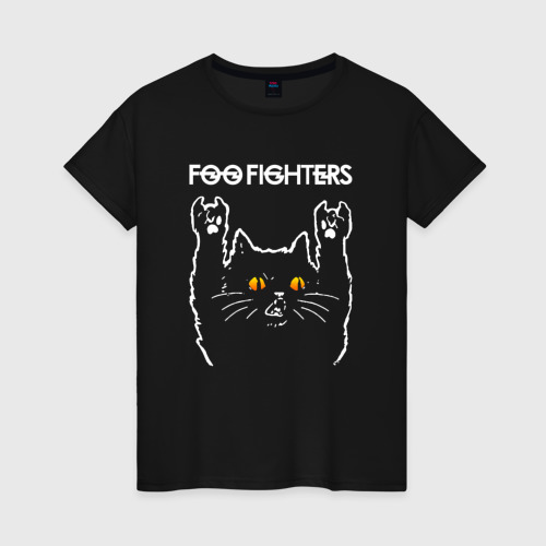 Женская футболка хлопок с принтом Foo Fighters rock cat, вид спереди #2