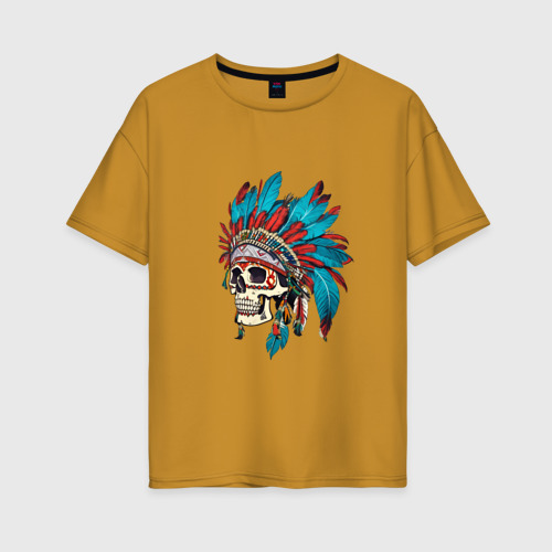 Женская футболка хлопок Oversize Череп Индейца с перьями, цвет горчичный