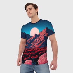 Мужская футболка 3D Поляна на фоне гор и луны - фото 2