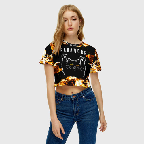 Женская футболка Crop-top 3D Paramore рок кот и огонь, цвет 3D печать - фото 3