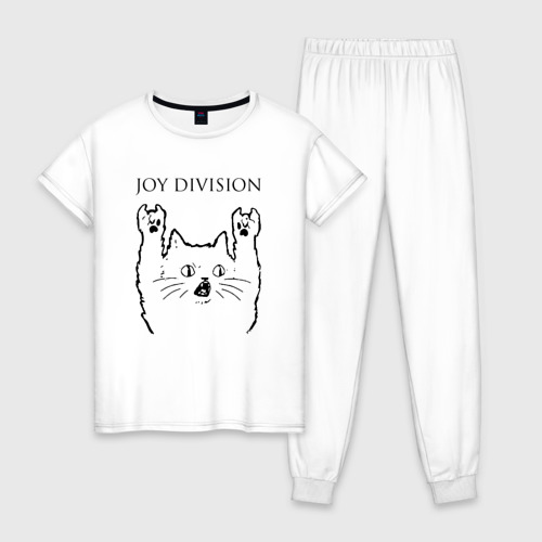 Женская пижама хлопок с принтом Joy Division - rock cat, вид спереди #2
