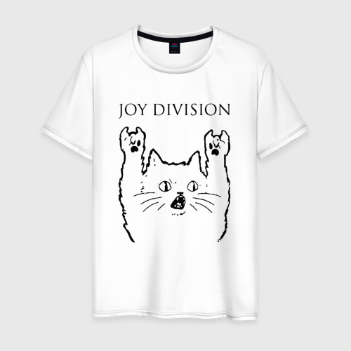 Мужская футболка из хлопка с принтом Joy Division - rock cat, вид спереди №1