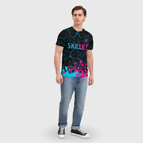 Мужская футболка 3D с принтом Skillet - neon gradient: символ сверху, вид сбоку #3