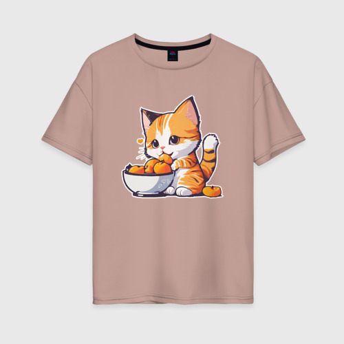 Женская футболка хлопок Oversize с принтом Кот ест абрикосы, вид спереди #2