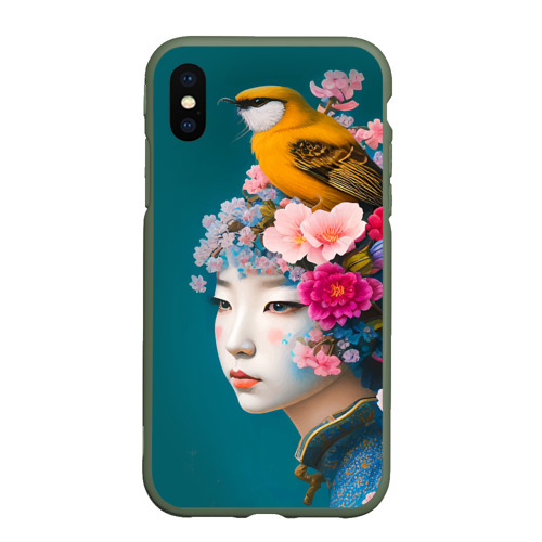 Чехол для iPhone XS Max матовый с принтом Японка с птицей на фоне цветущей сакуры, вид спереди #2