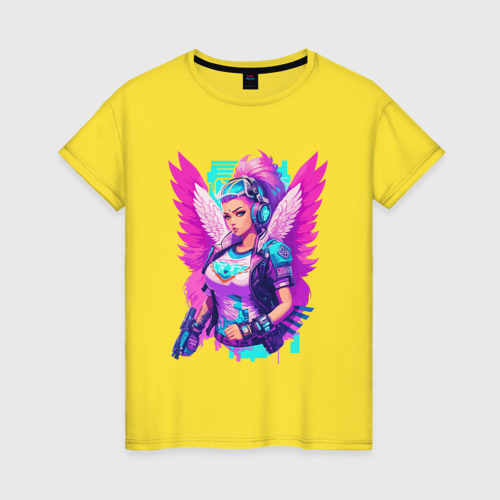 Женская футболка хлопок с принтом Кибер ангел, вид спереди #2