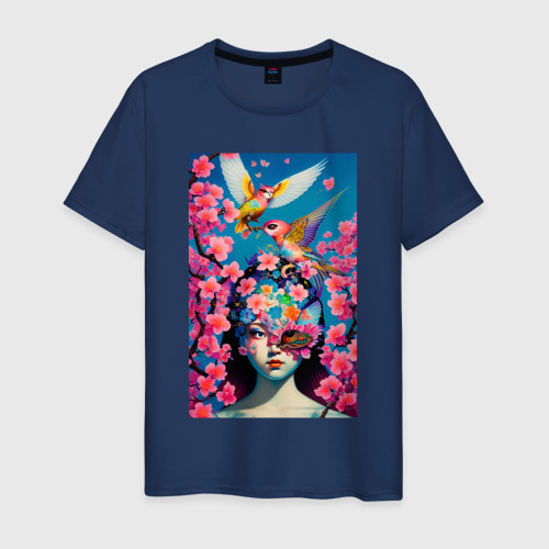 Мужская футболка хлопок Японская девушка с птицами и цветущей сакурой, цвет темно-синий