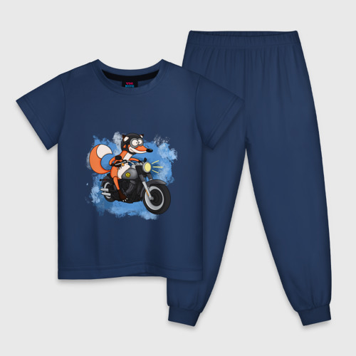 Детская пижама хлопок Лис на мотоцикле, цвет темно-синий