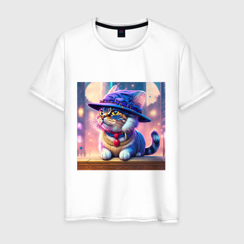 Мужская футболка из хлопка с принтом Милый кот в шляпе, вид спереди №1