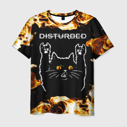 Мужская футболка 3D Disturbed рок кот и огонь