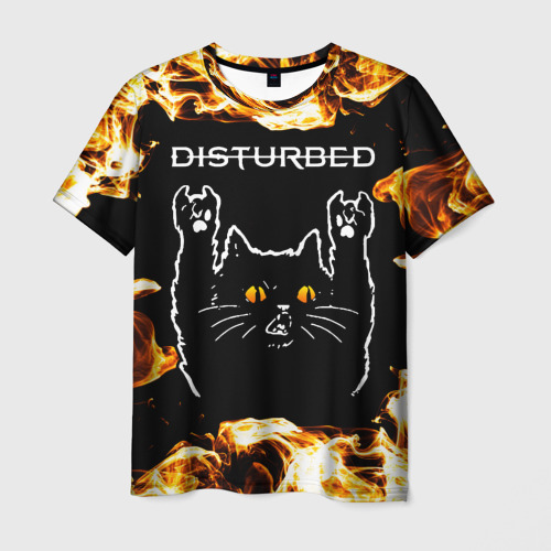Мужская футболка с принтом Disturbed рок кот и огонь, вид спереди №1