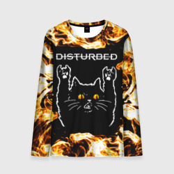 Мужской лонгслив 3D Disturbed рок кот и огонь