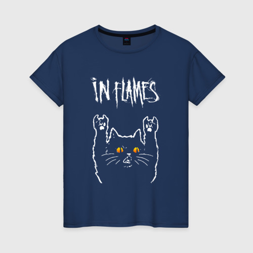 Женская футболка из хлопка с принтом In Flames rock cat, вид спереди №1