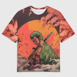 Мужская футболка oversize 3D Зоро на закате - One Piece