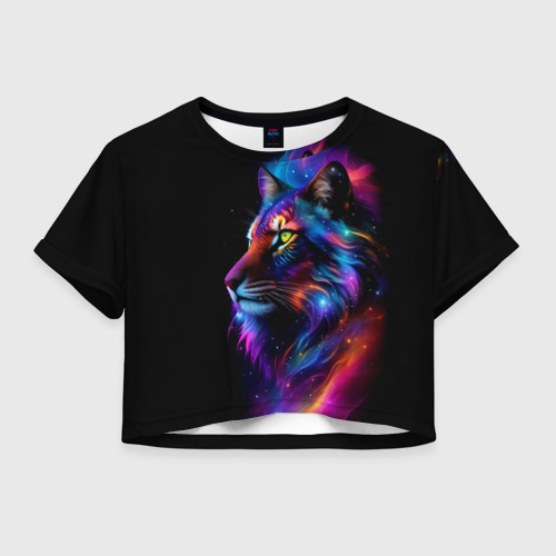 Женская футболка Crop-top 3D Лев в космосе и звезды, цвет 3D печать