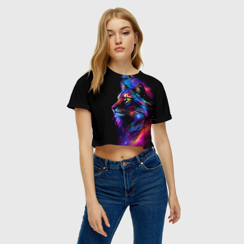 Женская футболка Crop-top 3D Лев в космосе и звезды, цвет 3D печать - фото 3