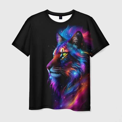 Мужская футболка с принтом Лев в космосе и звезды, вид спереди №1