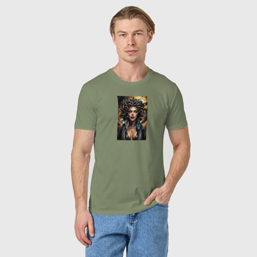 Мужская футболка хлопок Портрет разгневанной Медузы Горгоны, цвет авокадо - фото 3