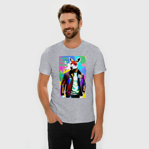 Мужская футболка хлопок Slim с принтом Кенгуру - Австралия - поп-арт - акварель, фото на моделе #1