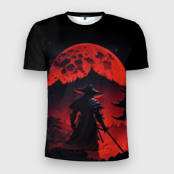 Мужская футболка 3D Slim Самурай, деревня и луна - мрачный
