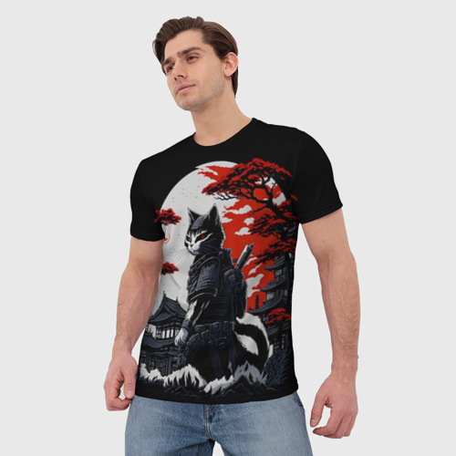 Мужская футболка 3D с принтом Котик ниндзя - мрачный, фото на моделе #1