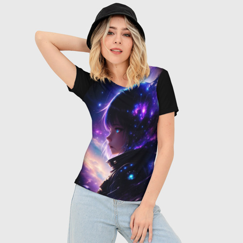 Женская футболка 3D Slim Покорение космоса - девушка, цвет 3D печать - фото 3