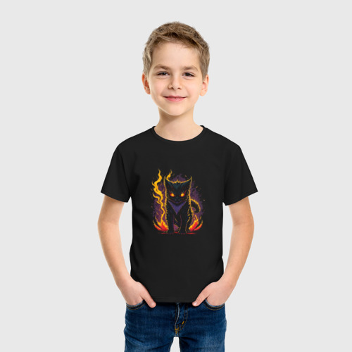Детская футболка хлопок с принтом Пламенный кот, фото на моделе #1