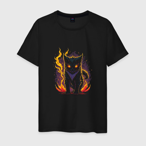 Мужская футболка хлопок с принтом Пламенный кот, вид спереди #2