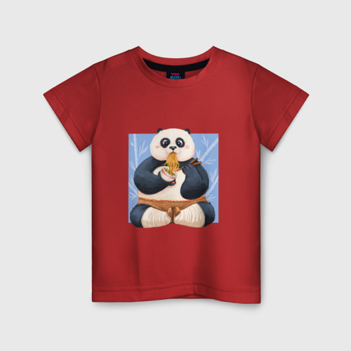 Детская футболка хлопок с принтом Kung Fu Panda ест рамен, вид спереди #2