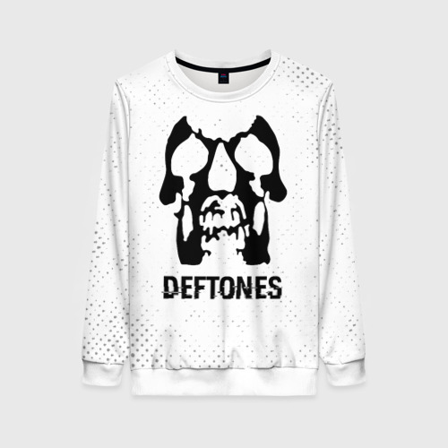 Женский свитшот с принтом Deftones glitch на светлом фоне, вид спереди №1