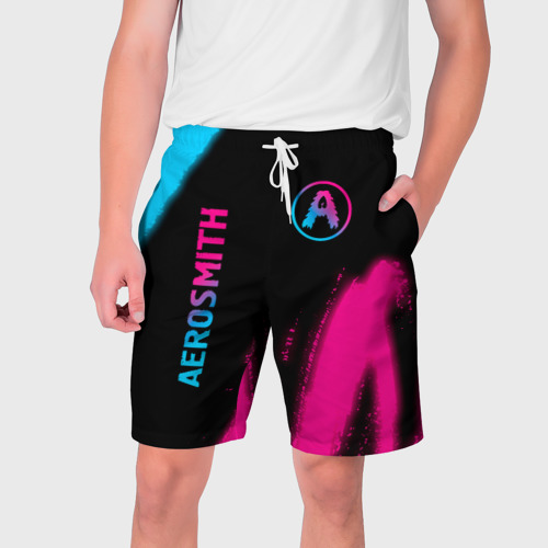 Мужские шорты 3D с принтом Aerosmith - neon gradient: надпись, символ, вид спереди #2